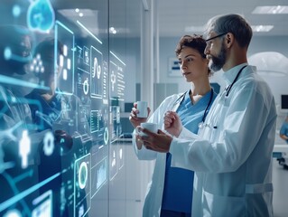 Two doctors in a modern hospital analyze medical data on a digital screen, symbolizing advanced healthcare technology.
