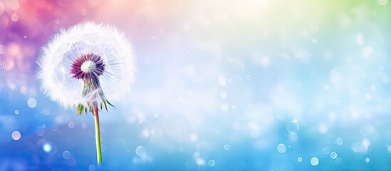 Obraz premium Abstract and nature postcard featuring a dandelion with a water droplet The vibrant backdrop provides a soft colorful setting with ample copy space for words Check my profile for more designs featurin