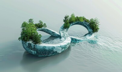3d render of floating islands in the shape of infinity symbol with trees