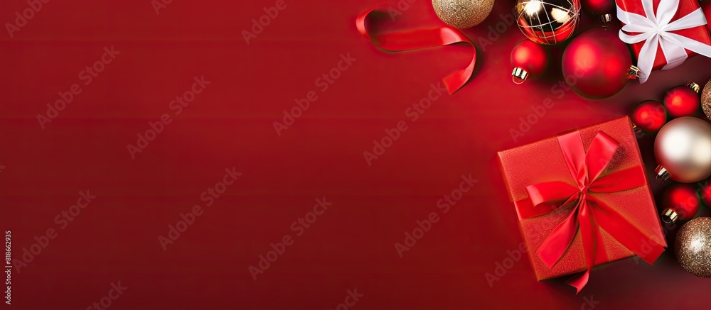 Aufkleber a flat lay image with gift boxes christmas decorations and a red background offering ample copy spac