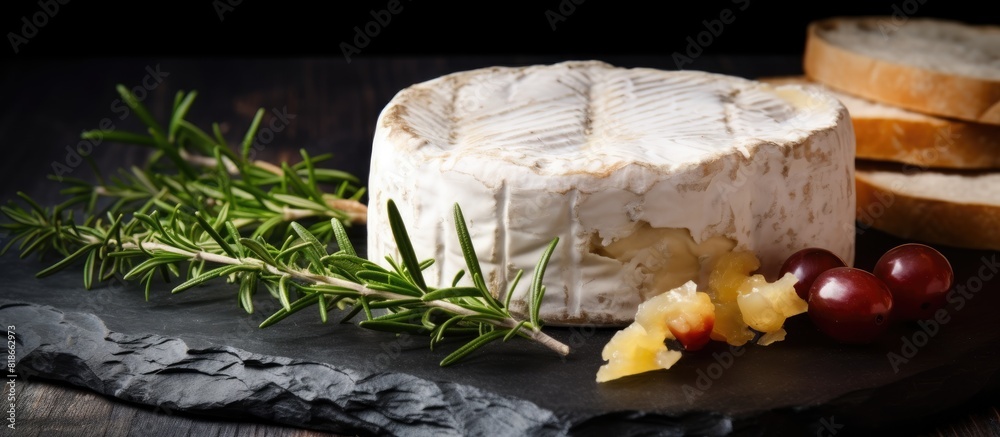 Poster aged goat cheese on a slate board surrounded by chunks of hard cheese the long ripening process give
