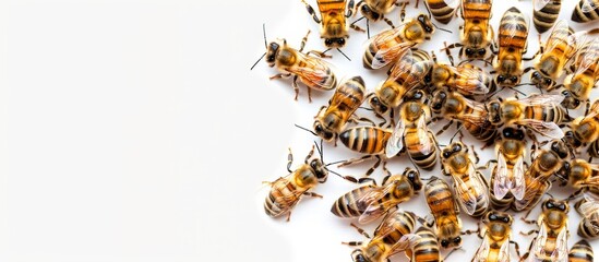 Bees close up, white background, bee oasis, biodiversity concept, wide banner, empty space