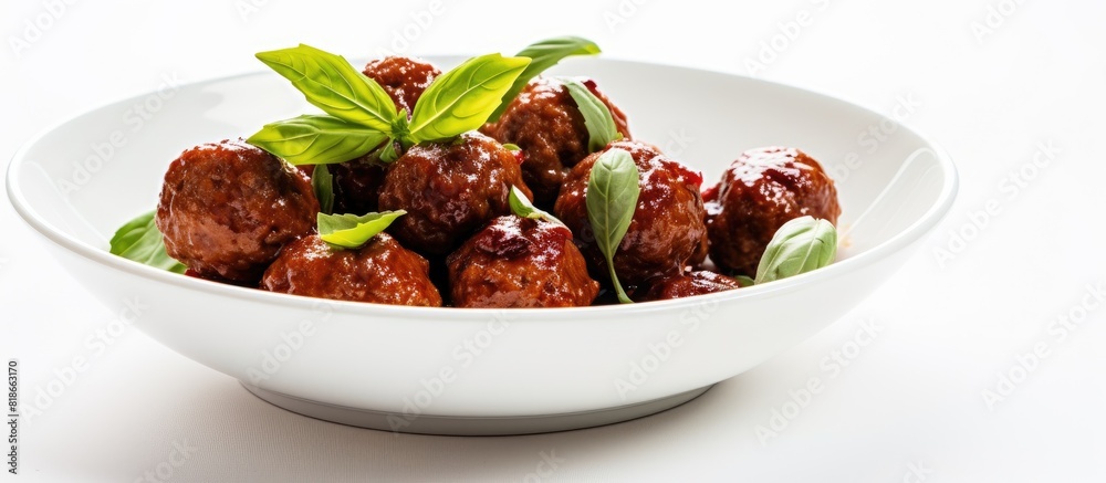 Leinwandbilder delicious basil infused meatballs beautifully presented on a white table offering a wide surface for
