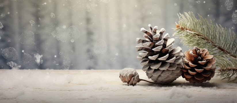 A Christmas and New Year themed greeting card showcasing a festive image of a pinecone and fir tree with ample copy space for personalization