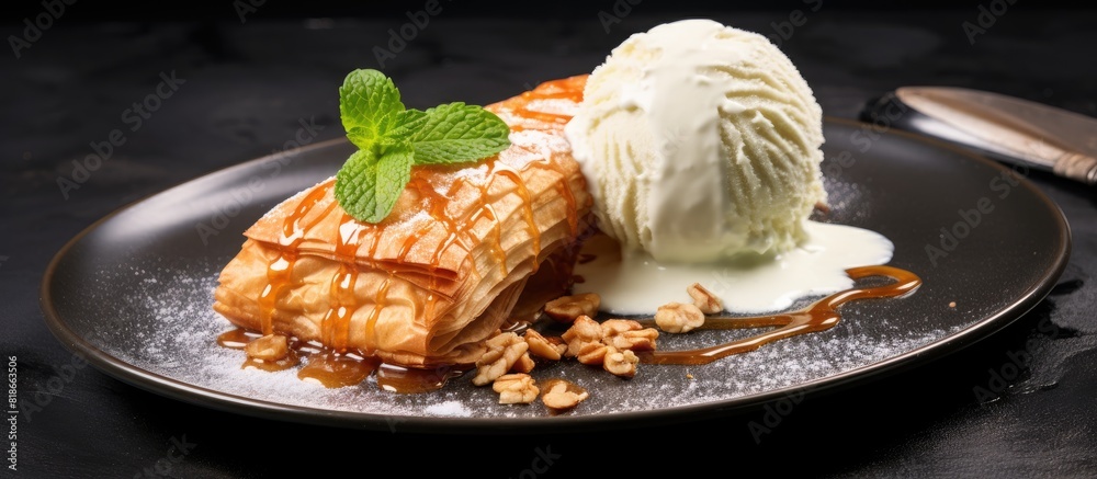 Leinwandbilder a black plate holds a delicious sweet apple strudel with a scoop of vanilla ice cream placed on a ma