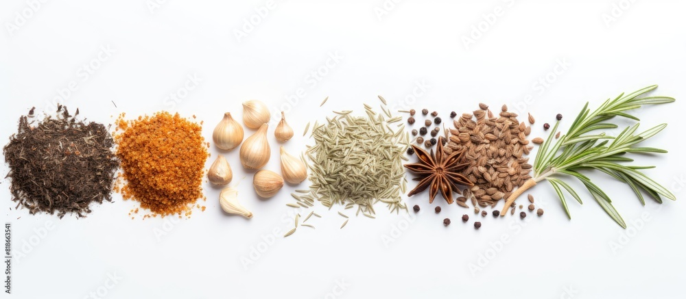 Poster a top down view of dry seasonings like ginger garlic rosemary and laurel leaf arranged on a white ba