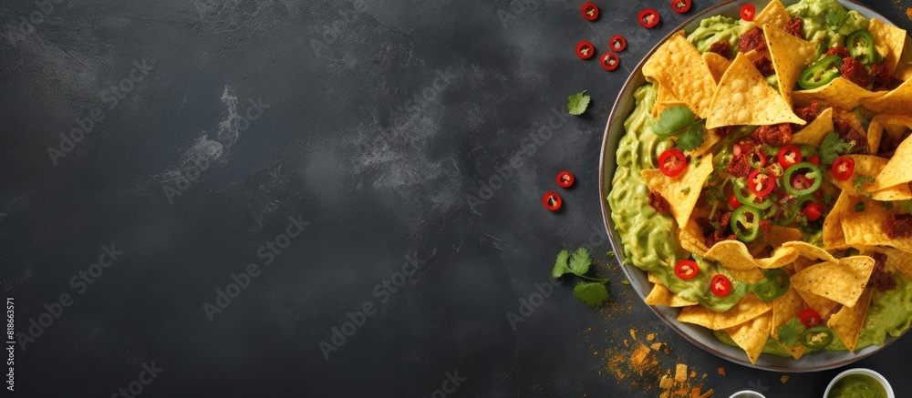 Poster A top down view of Mexican nachos topped with guacamole placed on a gray concrete surface The image has ample space for additional content