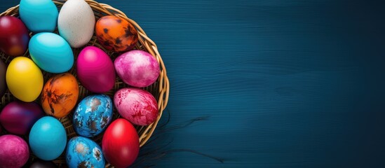 Close up top view of a wicker basket filled with vibrant Easter eggs placed against a colorful backdrop Ample copy space in the image - Powered by Adobe
