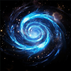  blue spiral galaxy on black background, swirling blue light and white glittery swirls. Blue spiral water effect