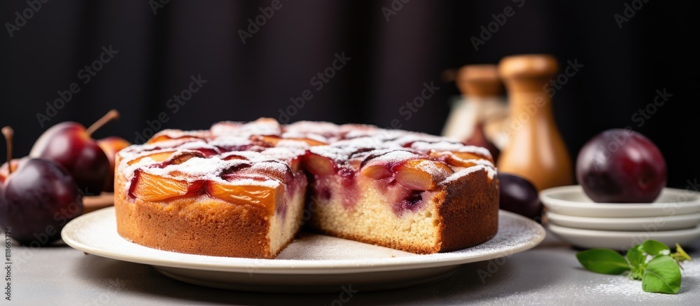 Poster a homemade plum cake is showcased on a light background providing ample copy space for additional co
