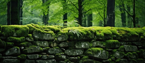 An image of a moss covered stone wall in a serene forest setting. with copy space image. Place for adding text or design