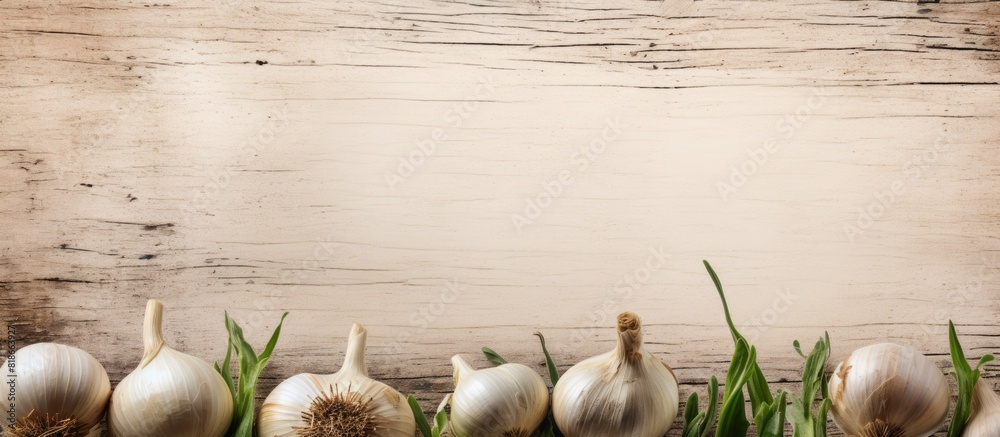Poster A copy space image featuring garlic heads with roots and stems left untouched and presented on a light background painted with a wooden texture