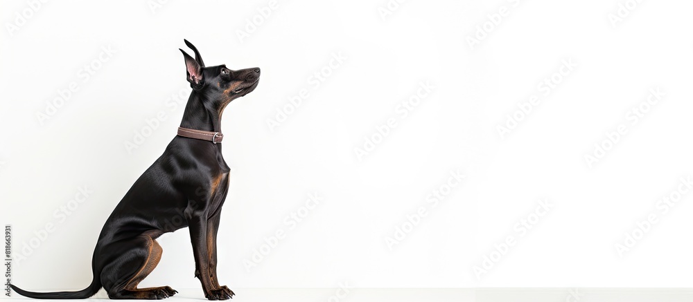 Poster A dog stands sideways showing its profile and making a funny expression The image is isolated on a white background with space for copy