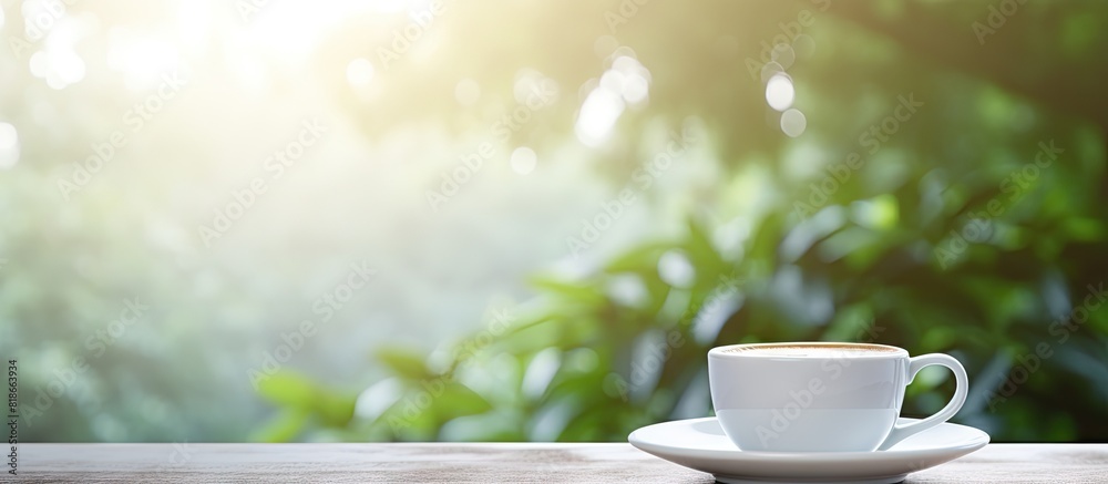 Poster a copy space image of a cup of coffee resting on a white table is surrounded by a softly blurred nat