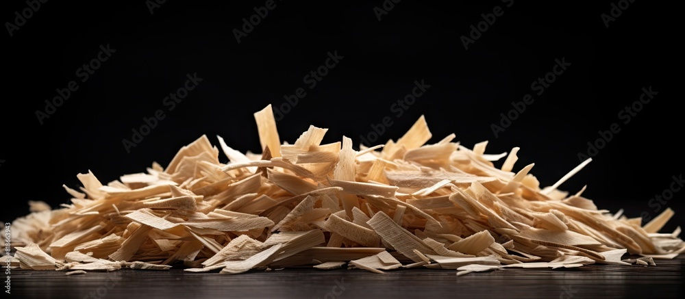 Poster Copy space image of fresh wood shavings on black background providing an empty space for text