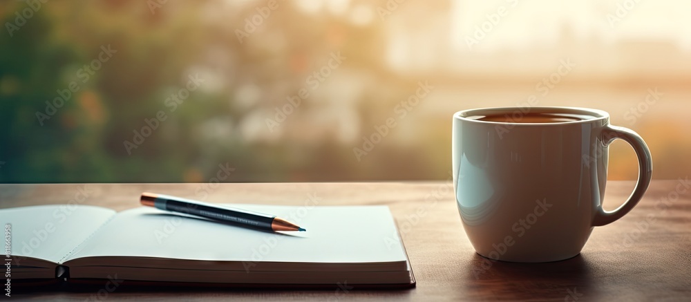 Poster A copy space image featuring a close up view of a coffee cup and a notebook on a desk