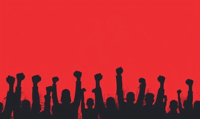 Black silhouettes of people with raised fists against the background of red sky