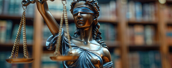 Scales of justice and the statue of lady Justice in front of an office or court room, symbolizing law protection and legal.