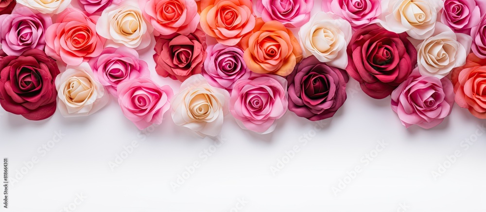Leinwandbilder a flat lay of vibrant roses arranged in a floral pattern against a white background the top view sho