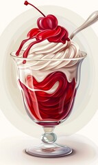 vector illustration of red cherry ice cream with whipped cream in a glass bowl