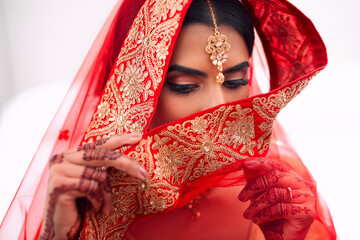 Indian, bride and wedding veil for celebration and marriage event with Hindu fashion and style....