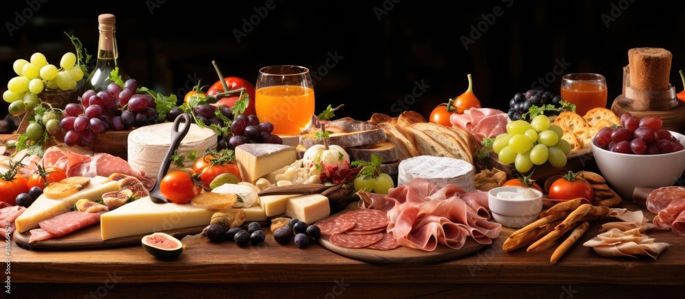 Poster buffet party with a table full of various italian appetizers including antipasti charcuterie snacks 