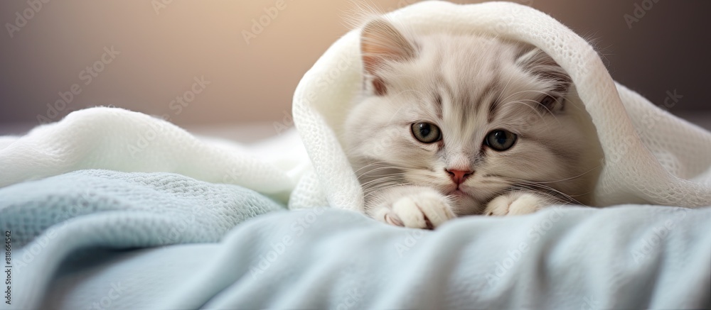 Poster A cute kitten lies under a white blanket on a bed at home cuddling an alarm clock The view is from above with a blank area for text. with copy space image. Place for adding text or design