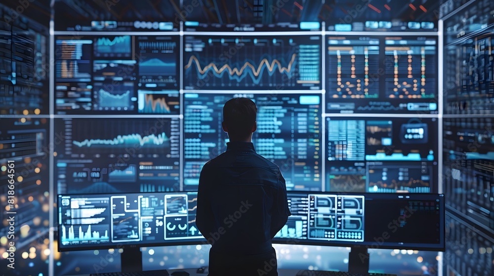 Poster a futuristic ai-powered financial analyst, surrounded by screens displaying complex data patterns an