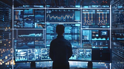  a futuristic AI-powered financial analyst, surrounded by screens displaying complex data patterns and algorithms, showcasing the integration of Artificial Intelligence in finance 