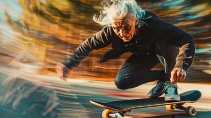 Elderly man skateboarding energetically through a crowd, demonstrating vitality and breaking stereotypes. Perfect for promoting active aging, senior fitness, and dynamic lifestyle content.