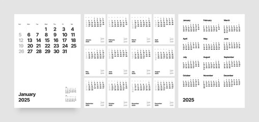 Monthly calendar template for 2025 year. Wall or desk calendar in a minimalist style. Diary planner for 2025 year. Week Starts on Sunday. 