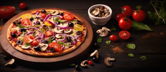 Fototapeta na wymiar A delicious freshly made vegetable pizza with a colorful medley of toppings showcased in a copy space image