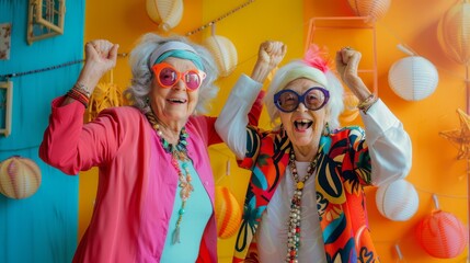 Joyful elderly couple wearing colorful clothes and sunglasses, laughing together outdoors. Ideal for content celebrating love, senior lifestyle, and vibrant living