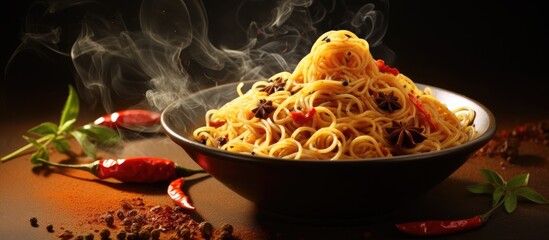Asian flavored spaghetti with chopsticks and spices Copy space image of raw instant noodles that...