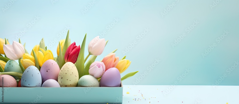 Poster a colorful easter egg tray adorned with tulips sits on a pastel blue and yellow background creating 