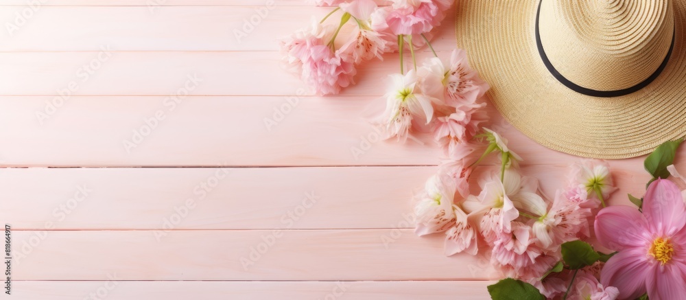 Poster A feminine summer concept with a pink spiral notebook beach hat wooden clips and decorative flowers displayed in a flat lay style. with copy space image. Place for adding text or design