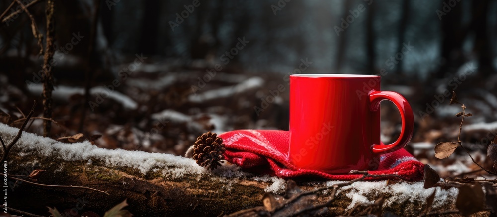 Poster horizontal copy space image of an empty enamel mug on a tree stump adorned with a warm scarf perfect