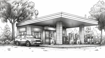 Gas station with simple lines Use vector lines on a clean background.