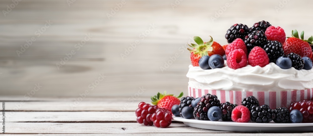 Leinwandbilder a delightful combination of cream cheese and ripe berries arranged on a rustic white wooden table pr