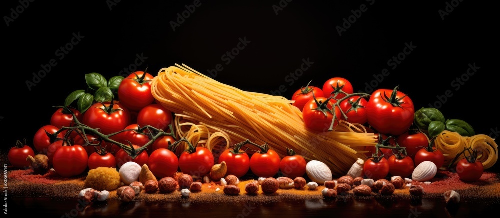 Poster italian pasta with a variety of tomatoes and dry spaghetti for cooking captured in a copy space imag
