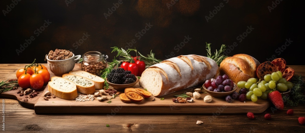 Poster bread with toppings on a wooden board in a copy space image