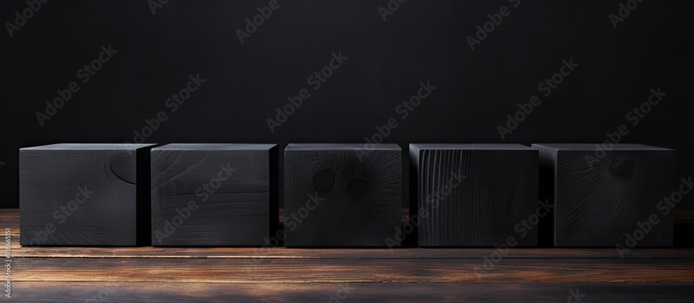 Aufkleber Black background with copyspace image featuring row of seven blank wooden blocks for your personalized text letters or numbers