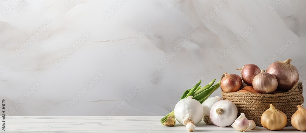 Poster In a modern kitchen there is a white marble table with a basket filled with fresh onions The image has plenty of empty space for adding text. with copy space image. Place for adding text or design