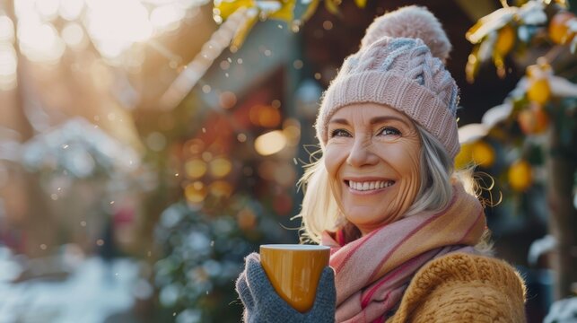 Elderly woman wearing a winter hat and scarf, holding a warm mug outdoors in a snowy setting, smiling warmly. Great for winter-themed campaigns, senior lifestyle .