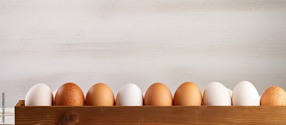 Poster a white wooden background with an egg box holding raw chicken eggs in a close up copy space image