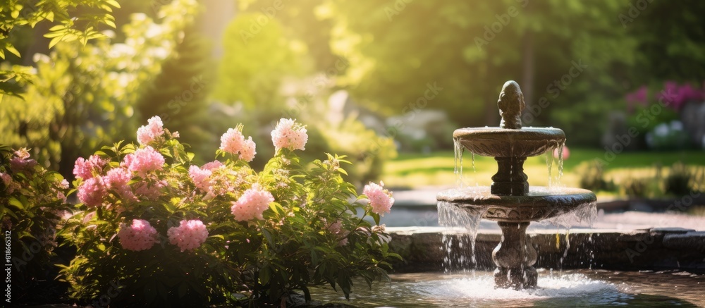 Poster in the garden there is a charming spring water fountain providing a picturesque view with ample copy