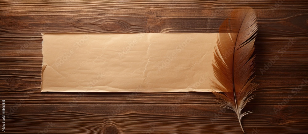Aufkleber Feather on brown wood with old paper in the background creating a copy space image