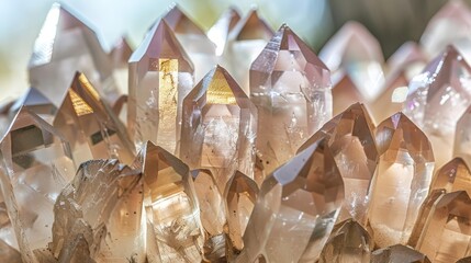 Close-up of luminous quartz crystals with detailed facets, ideal for science and education content.