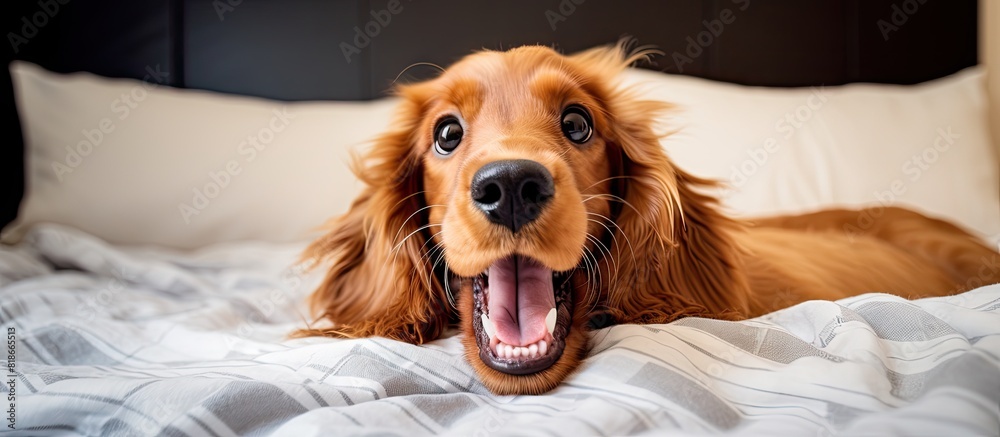 Aufkleber A playful English Cocker Spaniel puppy is seen resting on a cozy bed at home sticking its tongue out while gazing up from a top down perspective creating a cute and amusing image