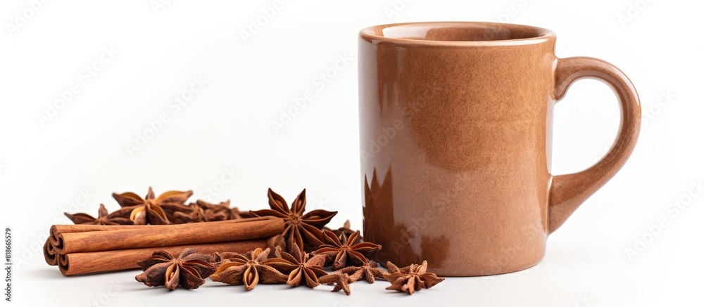 Poster copy space image of a brown clay mug adorned with cinnamon sticks and star anise placed on a white b